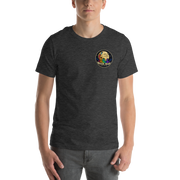 LOOK UP. STAY CURIOUS. — The Watcher Tee | Moon Man Paints — Dark Grey Heather — front view on man model
