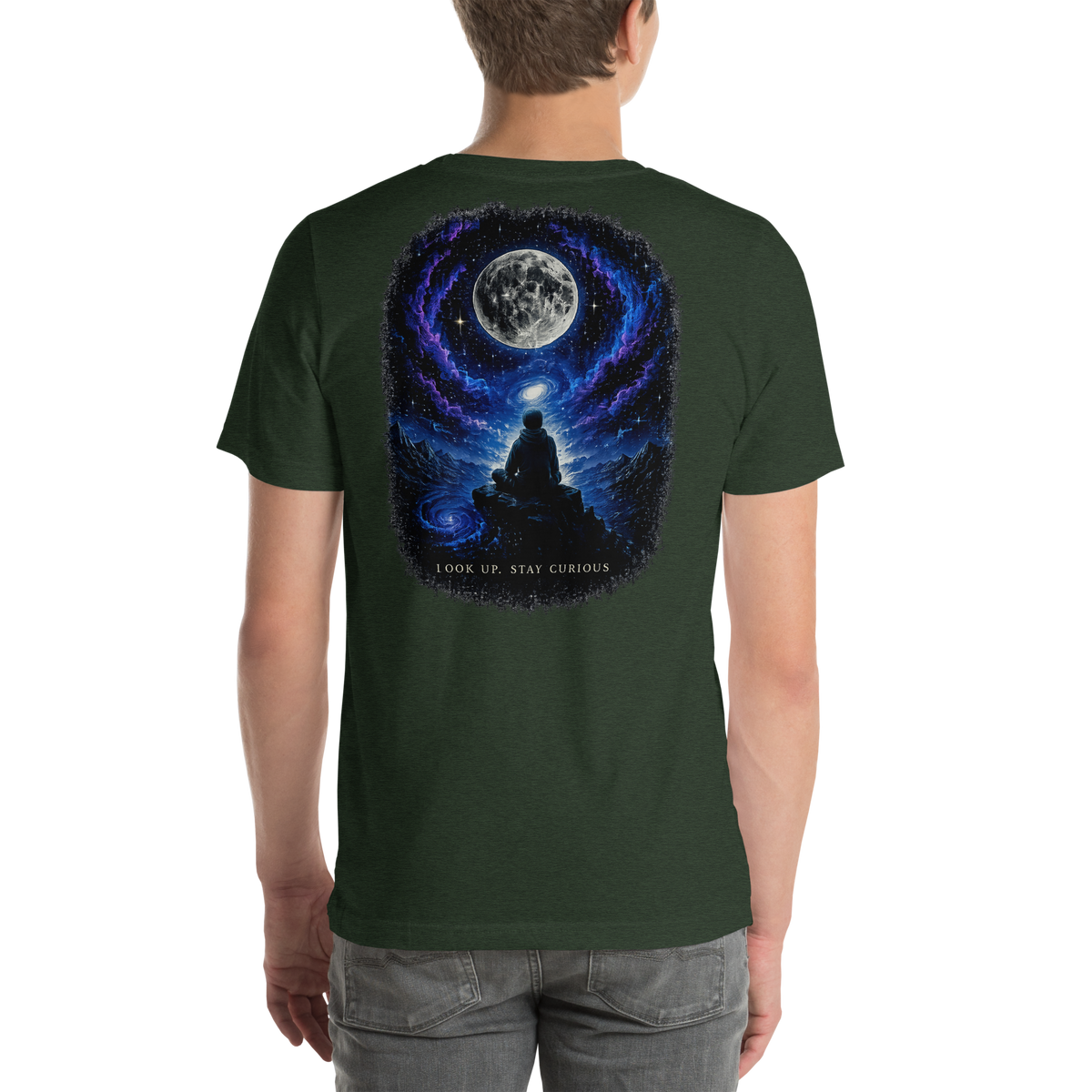 LOOK UP. STAY CURIOUS. — The Watcher Tee | Moon Man Paints — Heather Emerald — back view on man model
