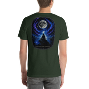 LOOK UP. STAY CURIOUS. — The Watcher Tee | Moon Man Paints — Heather Emerald — back view on man model