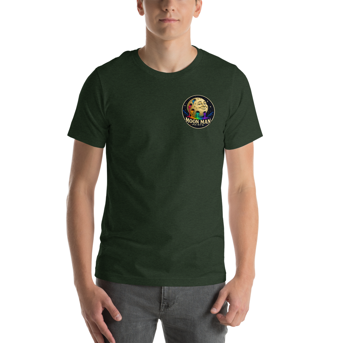 LOOK UP. STAY CURIOUS. — The Watcher Tee | Moon Man Paints — Heather Emerald — front view on man model