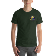 LOOK UP. STAY CURIOUS. — The Watcher Tee | Moon Man Paints — Heather Emerald — front view on man model