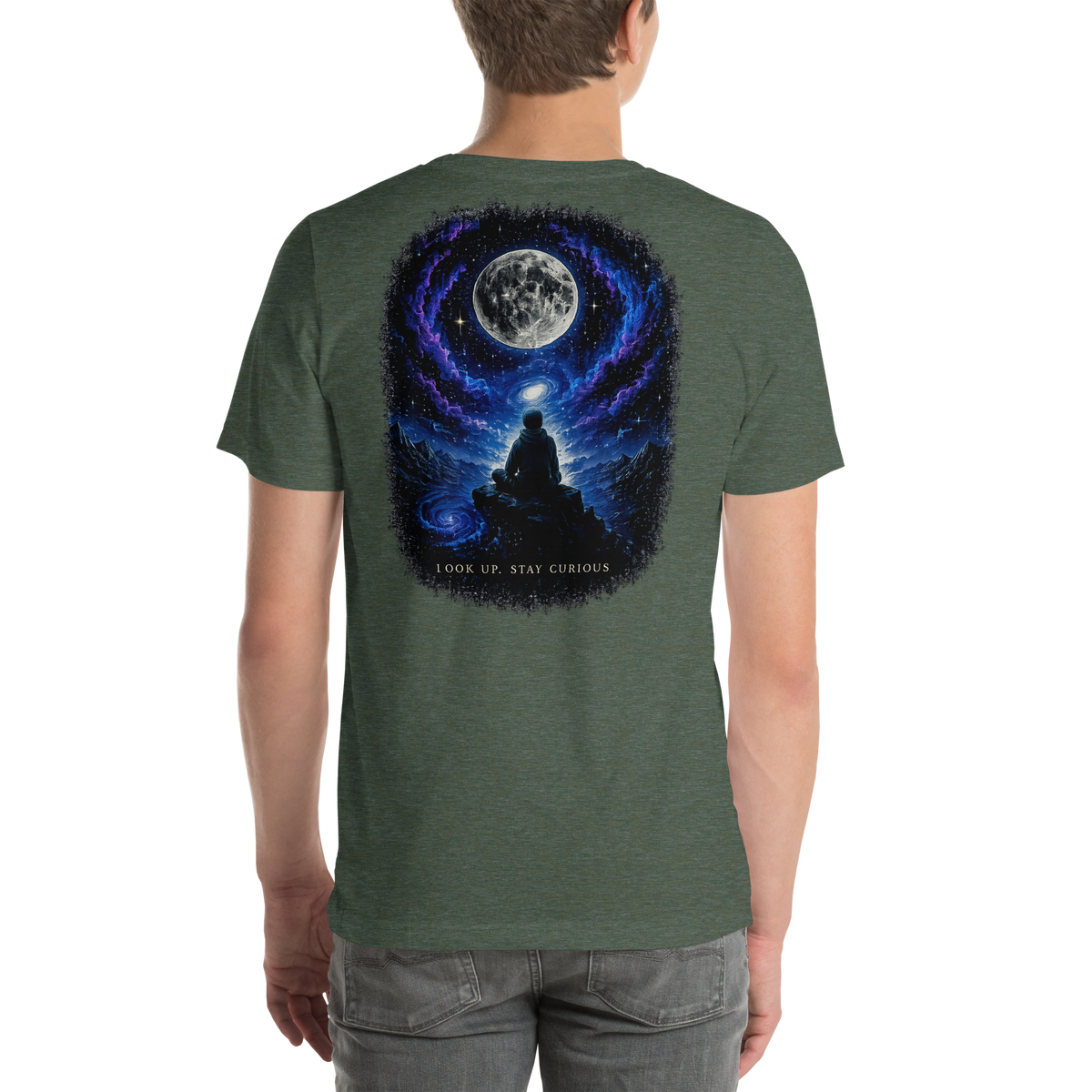 LOOK UP. STAY CURIOUS. — The Watcher Tee | Moon Man Paints — Heather Forest — back view on man model