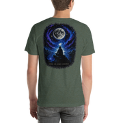 LOOK UP. STAY CURIOUS. — The Watcher Tee | Moon Man Paints — Heather Forest — back view on man model