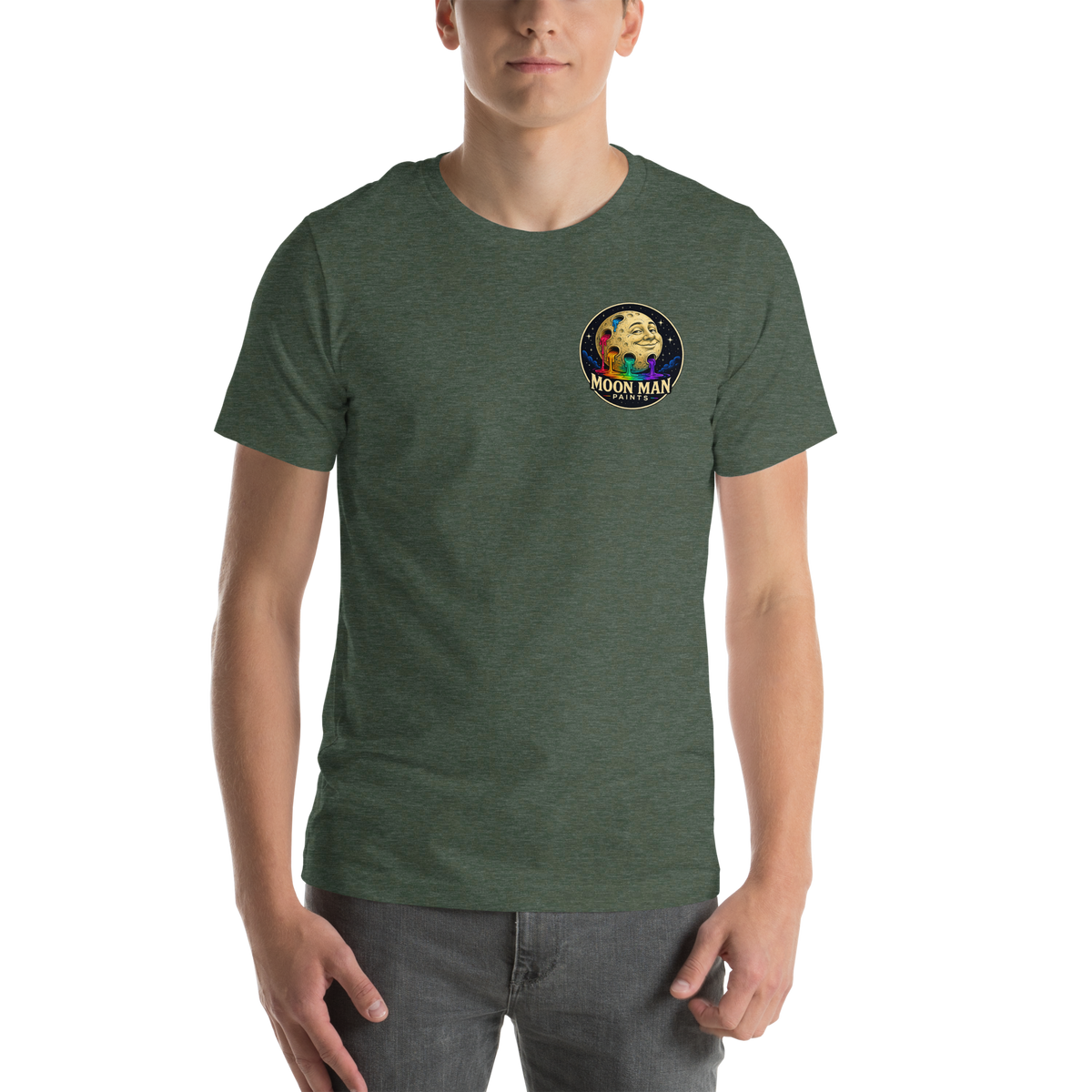 LOOK UP. STAY CURIOUS. — The Watcher Tee | Moon Man Paints — Heather Forest — front view on man model