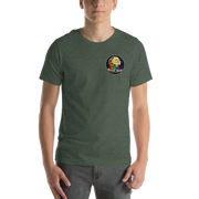 LOOK UP. STAY CURIOUS. — The Watcher Tee | Moon Man Paints — Heather Forest — front view on man model