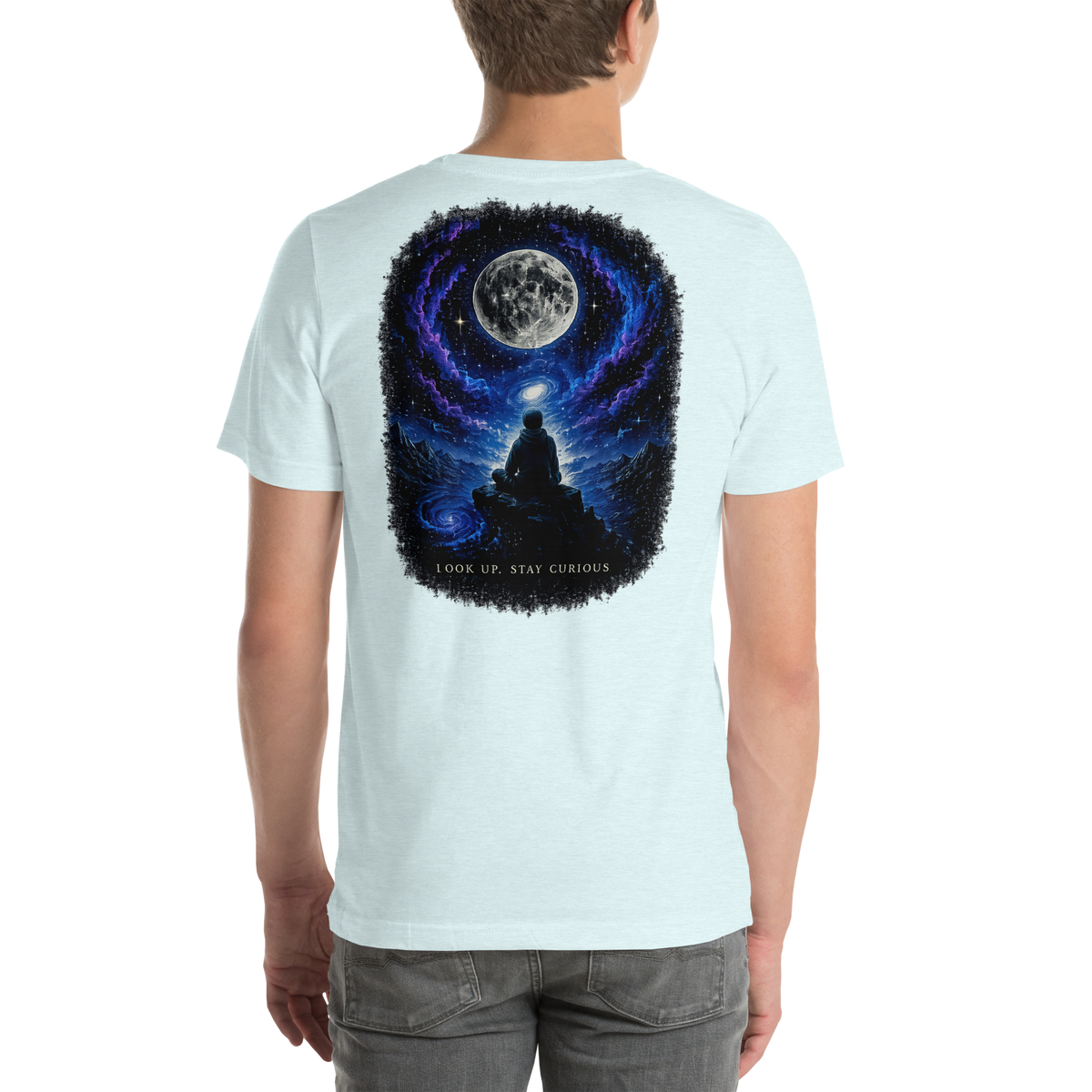 LOOK UP. STAY CURIOUS. — The Watcher Tee | Moon Man Paints — Heather Ice Blue — back view on man model