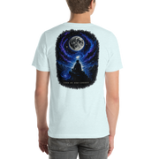 LOOK UP. STAY CURIOUS. — The Watcher Tee | Moon Man Paints — Heather Ice Blue — back view on man model