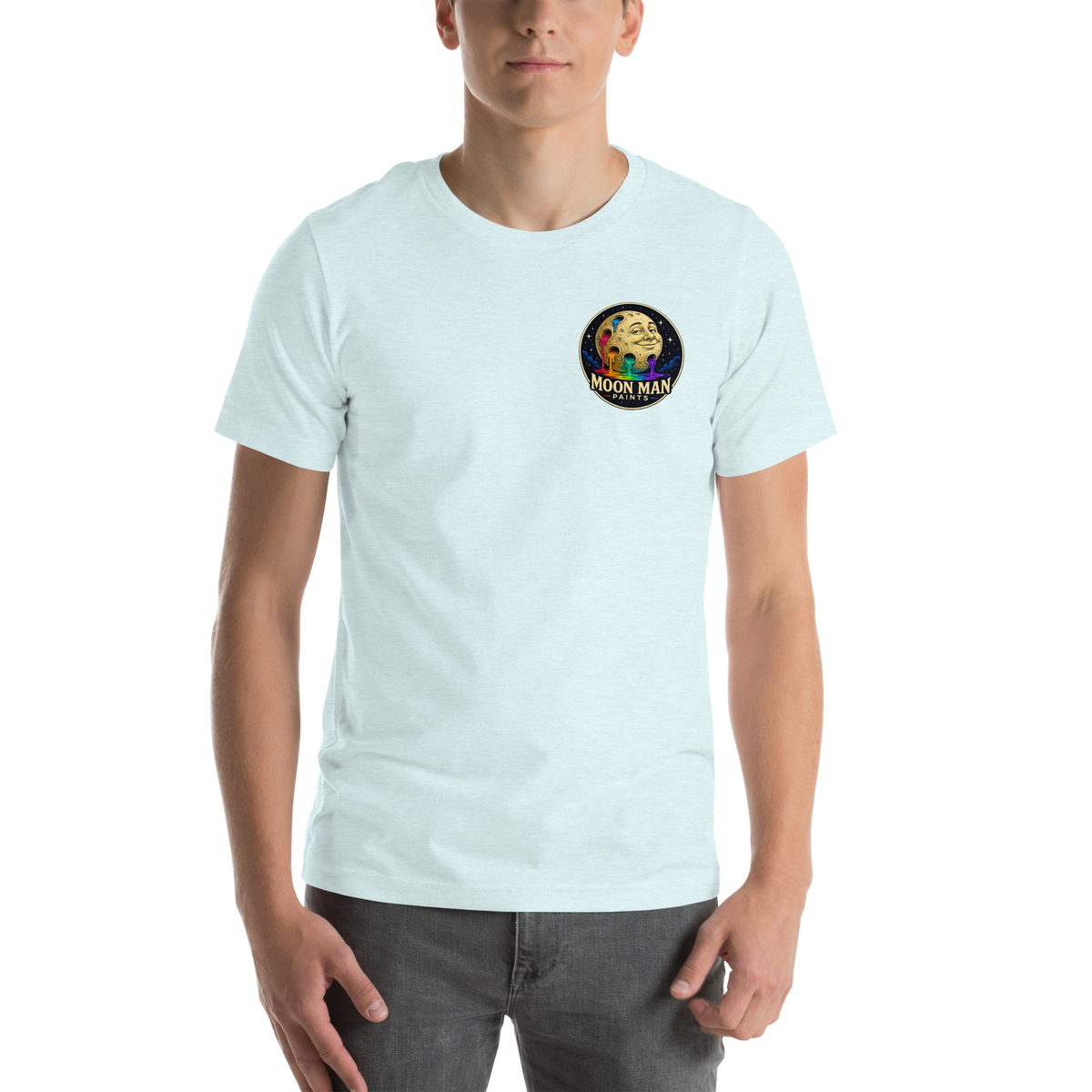 LOOK UP. STAY CURIOUS. — The Watcher Tee | Moon Man Paints — Heather Ice Blue — front view on man model