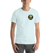 LOOK UP. STAY CURIOUS. — The Watcher Tee | Moon Man Paints — Heather Ice Blue — front view on man model