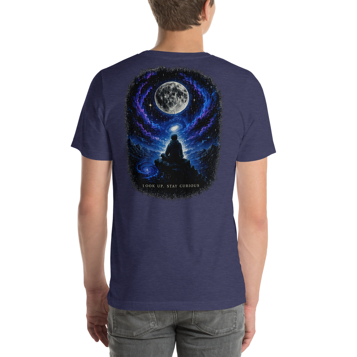 LOOK UP. STAY CURIOUS. — The Watcher Tee | Moon Man Paints — Heather Midnight Navy — back view on man model