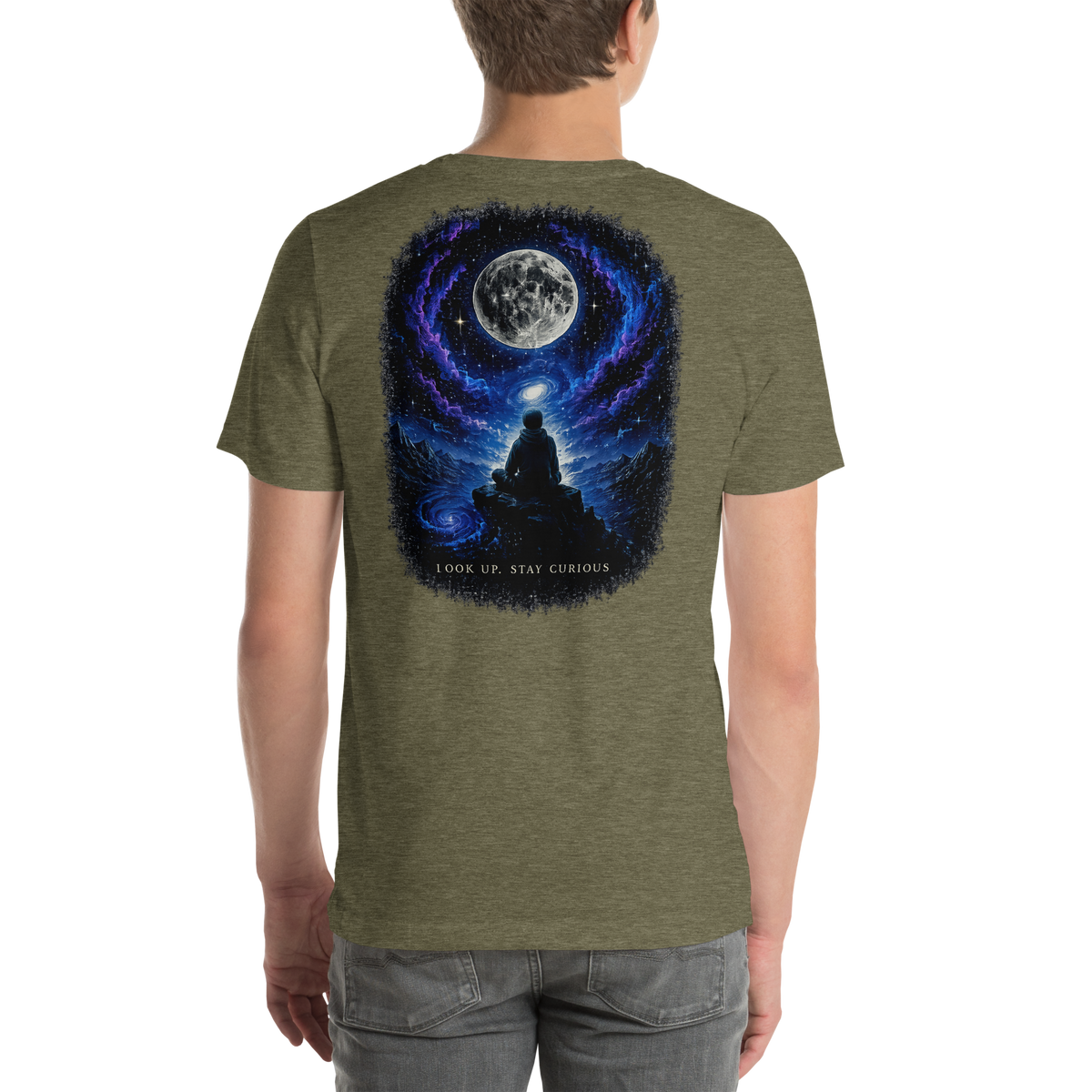 LOOK UP. STAY CURIOUS. — The Watcher Tee | Moon Man Paints — Heather Olive — back view on man model