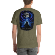 LOOK UP. STAY CURIOUS. — The Watcher Tee | Moon Man Paints — Heather Olive — back view on man model