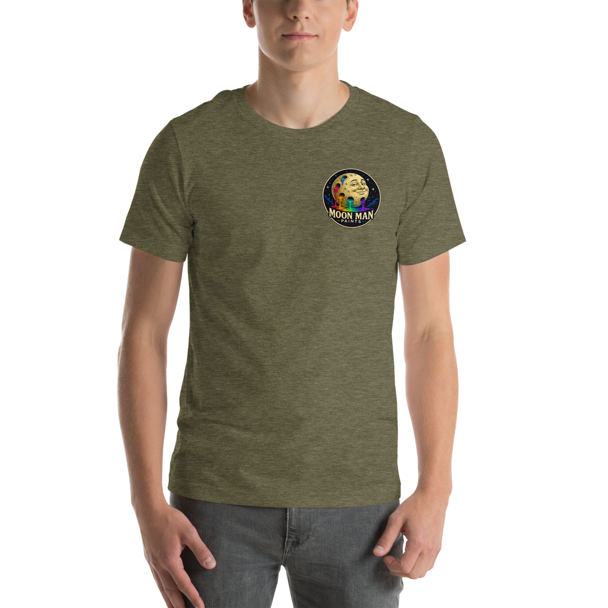 LOOK UP. STAY CURIOUS. — The Watcher Tee | Moon Man Paints — Heather Olive — front view on man model