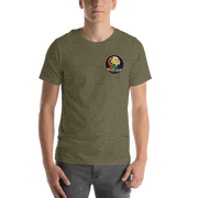 LOOK UP. STAY CURIOUS. — The Watcher Tee | Moon Man Paints — Heather Olive — front view on man model
