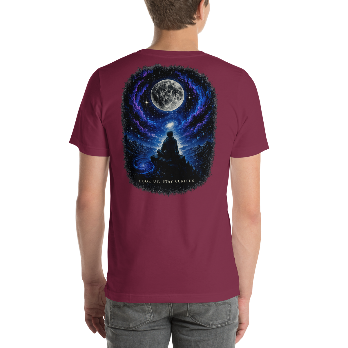 LOOK UP. STAY CURIOUS. — The Watcher Tee | Moon Man Paints — Maroon — back view on man model