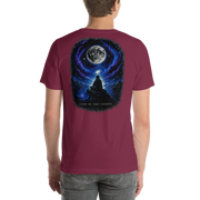 LOOK UP. STAY CURIOUS. — The Watcher Tee | Moon Man Paints — Maroon — back view on man model