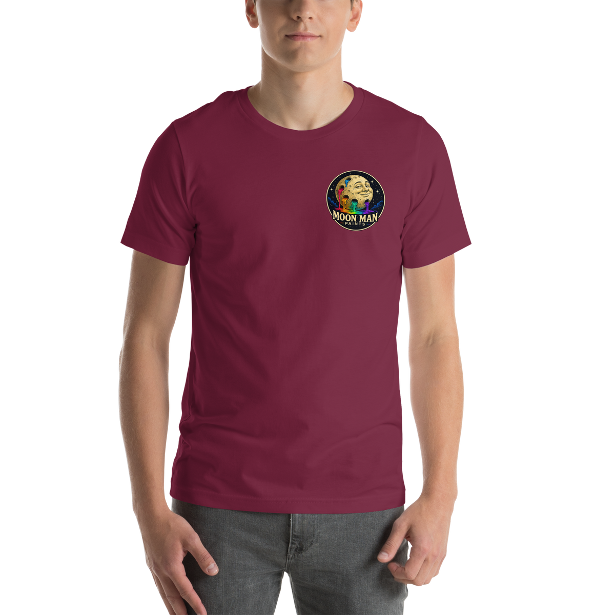 LOOK UP. STAY CURIOUS. — The Watcher Tee | Moon Man Paints — Maroon — front view on man model