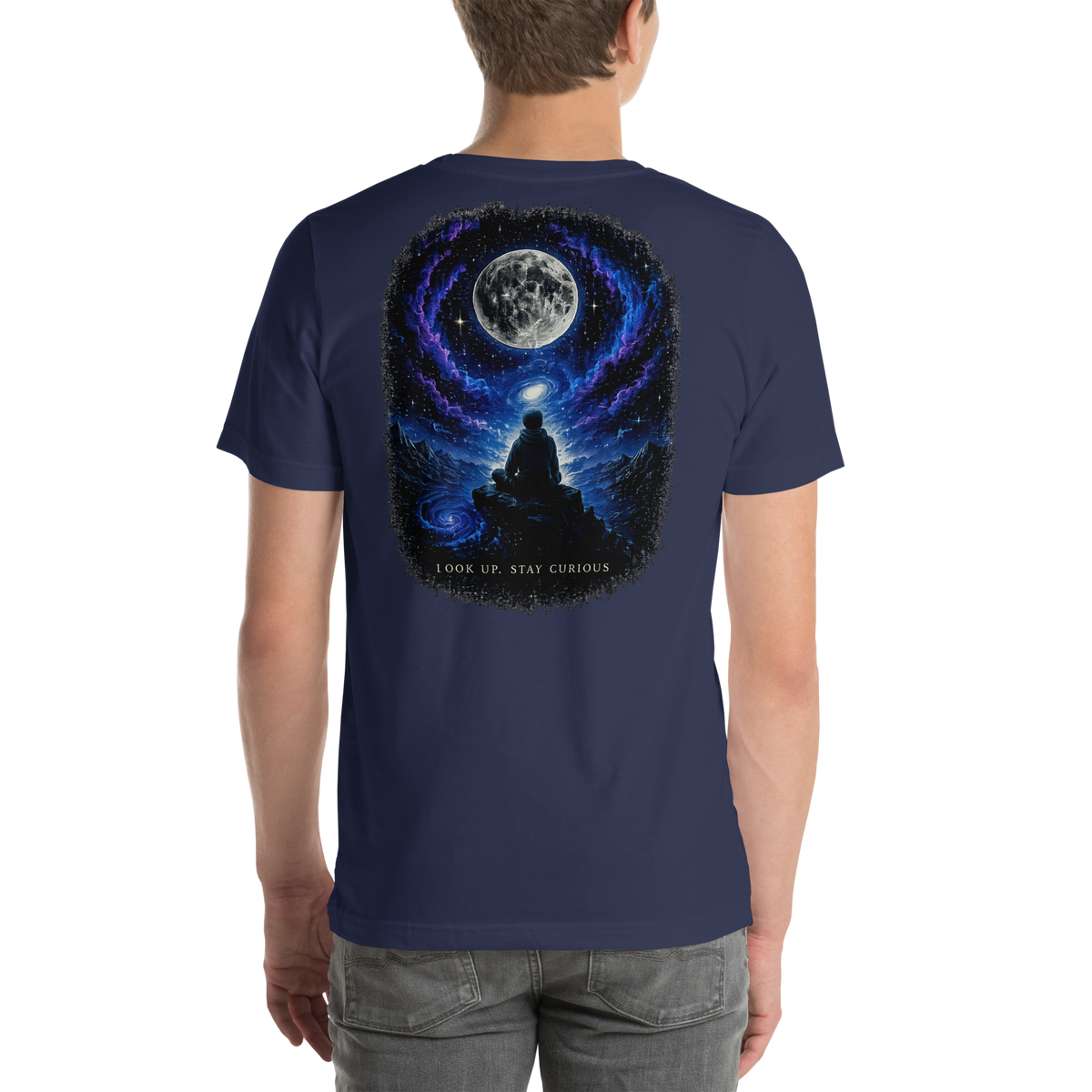 LOOK UP. STAY CURIOUS. — The Watcher Tee | Moon Man Paints — Navy — back view on man model