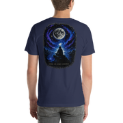LOOK UP. STAY CURIOUS. — The Watcher Tee | Moon Man Paints — Navy — back view on man model