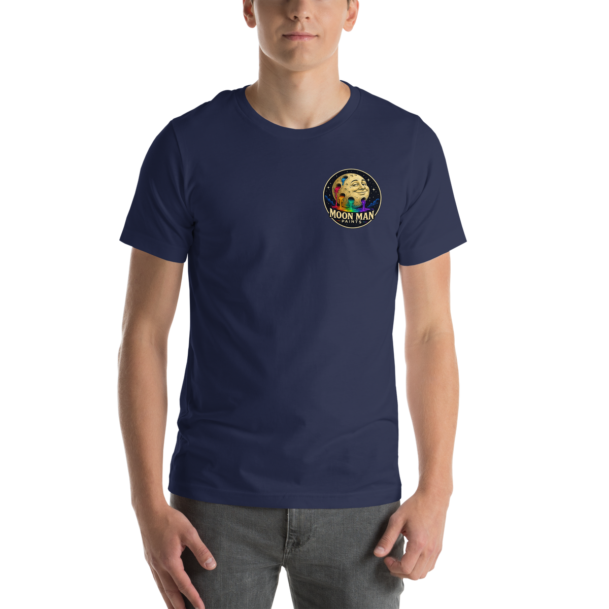 LOOK UP. STAY CURIOUS. — The Watcher Tee | Moon Man Paints — Navy — front view on man model