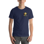 LOOK UP. STAY CURIOUS. — The Watcher Tee | Moon Man Paints — Navy — front view on man model