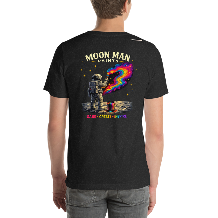 Dare. Create. Inspire. — The Cosmic Painter Tee — Black Heather — back view on man model