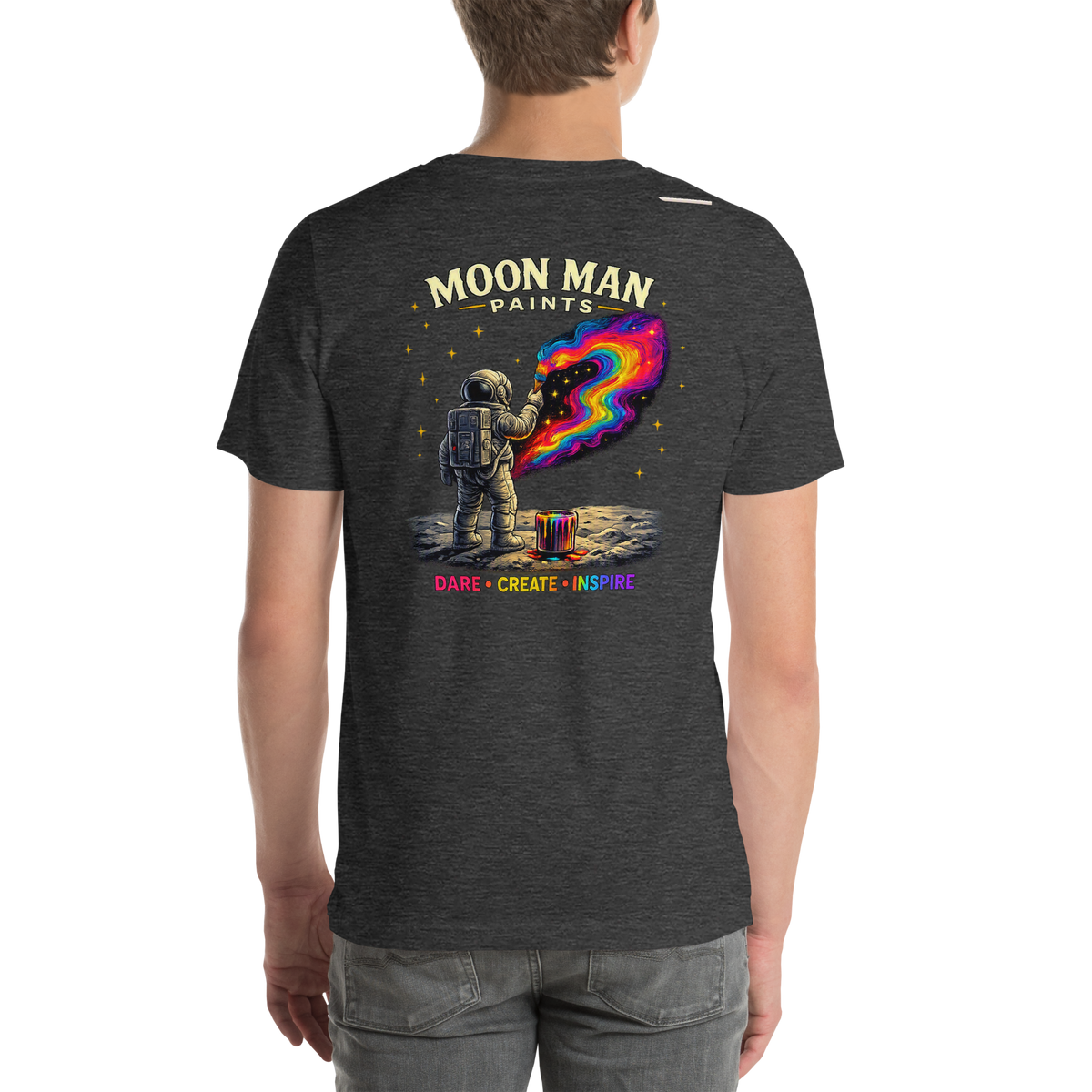 Dare. Create. Inspire. — The Cosmic Painter Tee — Dark Grey Heather — back view on man model