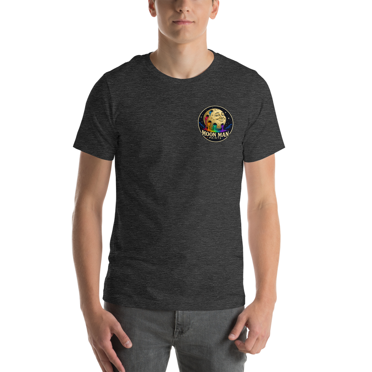 Dare. Create. Inspire. — The Cosmic Painter Tee — Dark Grey Heather — front view on man model
