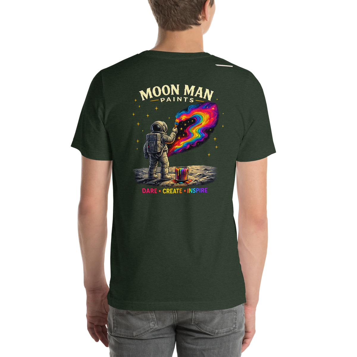 Dare. Create. Inspire. — The Cosmic Painter Tee — Heather Emerald — back view on man model