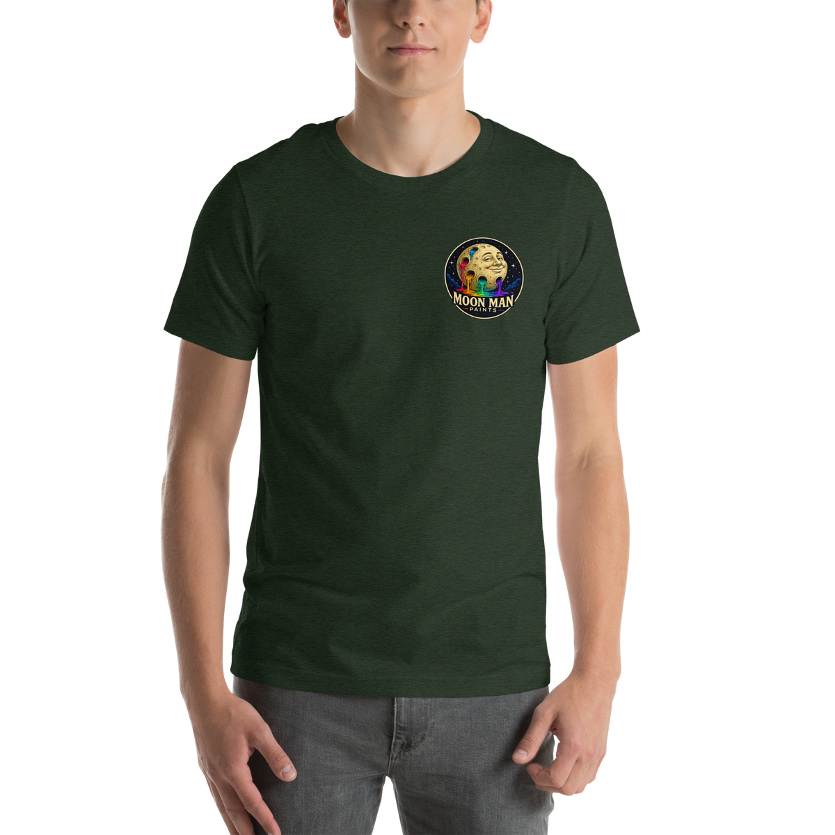 Dare. Create. Inspire. — The Cosmic Painter Tee — Heather Emerald — front view on man model