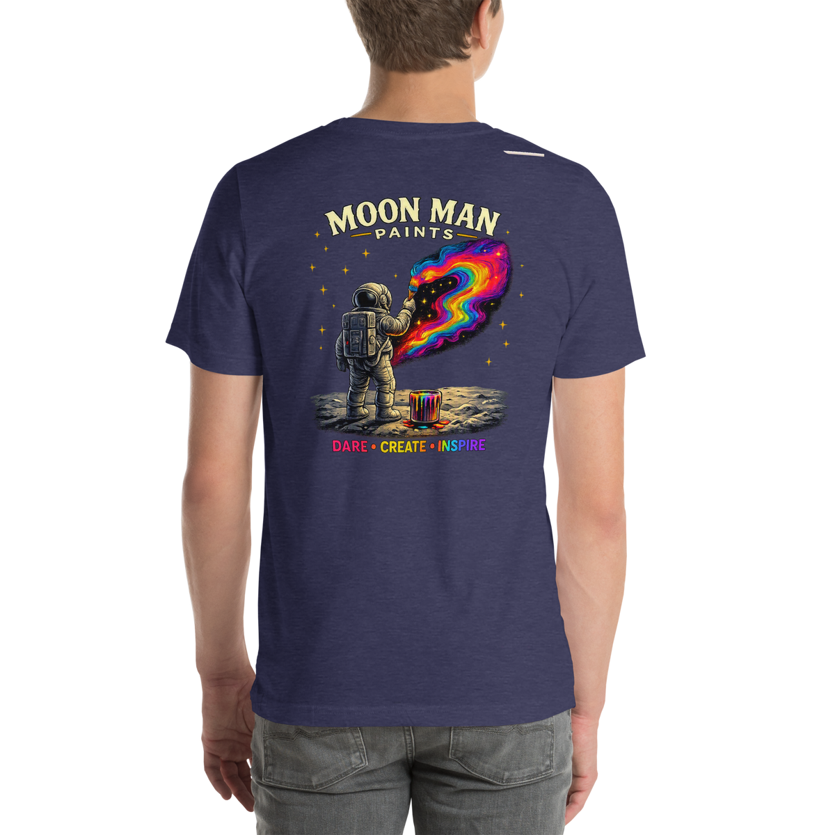 Dare. Create. Inspire. — The Cosmic Painter Tee — Heather Midnight Navy — back view on man model