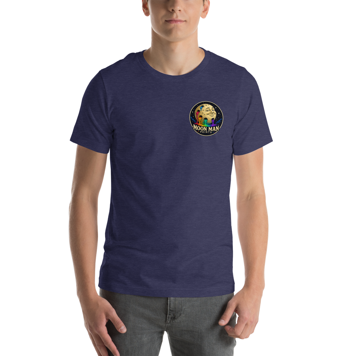 Dare. Create. Inspire. — The Cosmic Painter Tee — Heather Midnight Navy — front view on man model