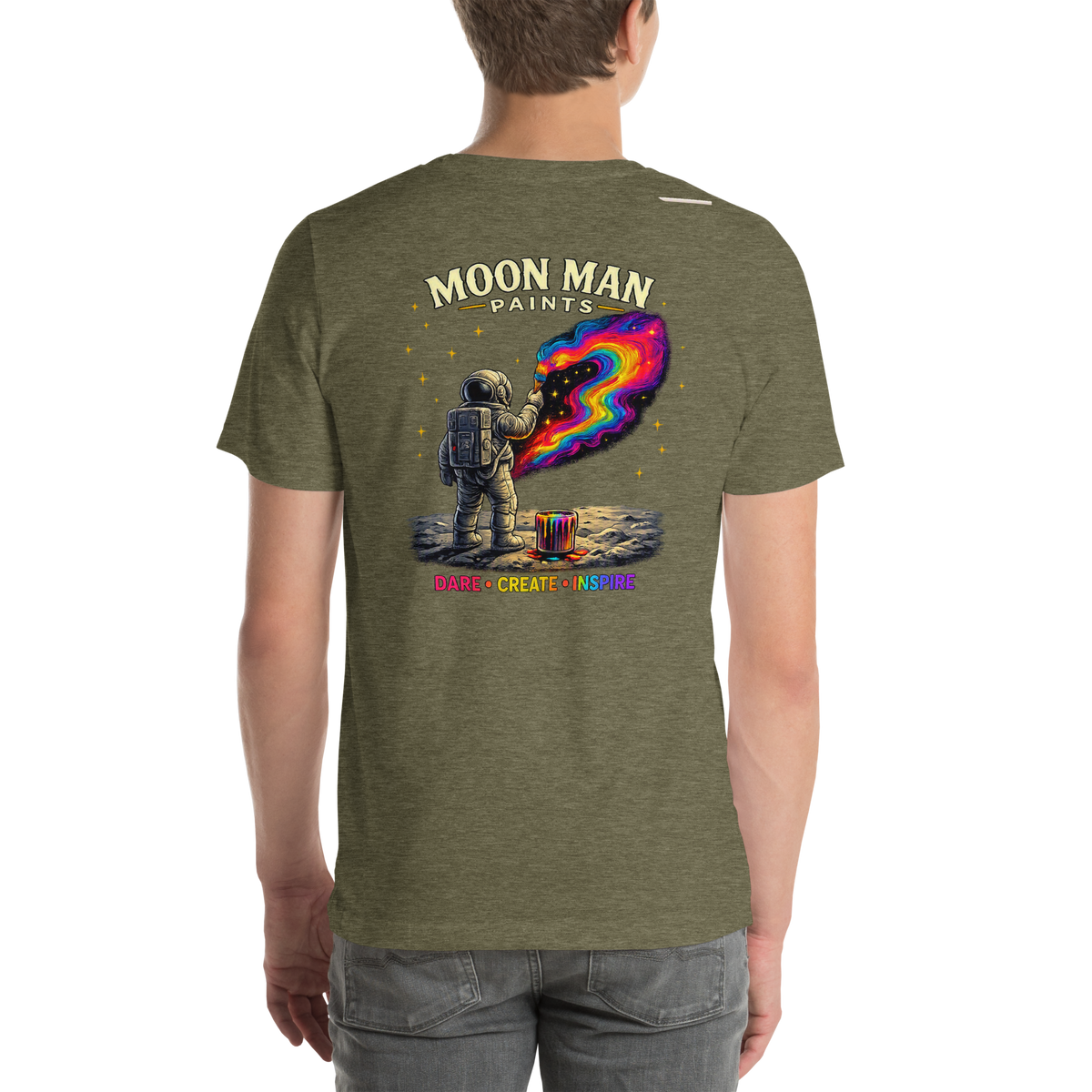 Dare. Create. Inspire. — The Cosmic Painter Tee — Heather Olive — back view on man model