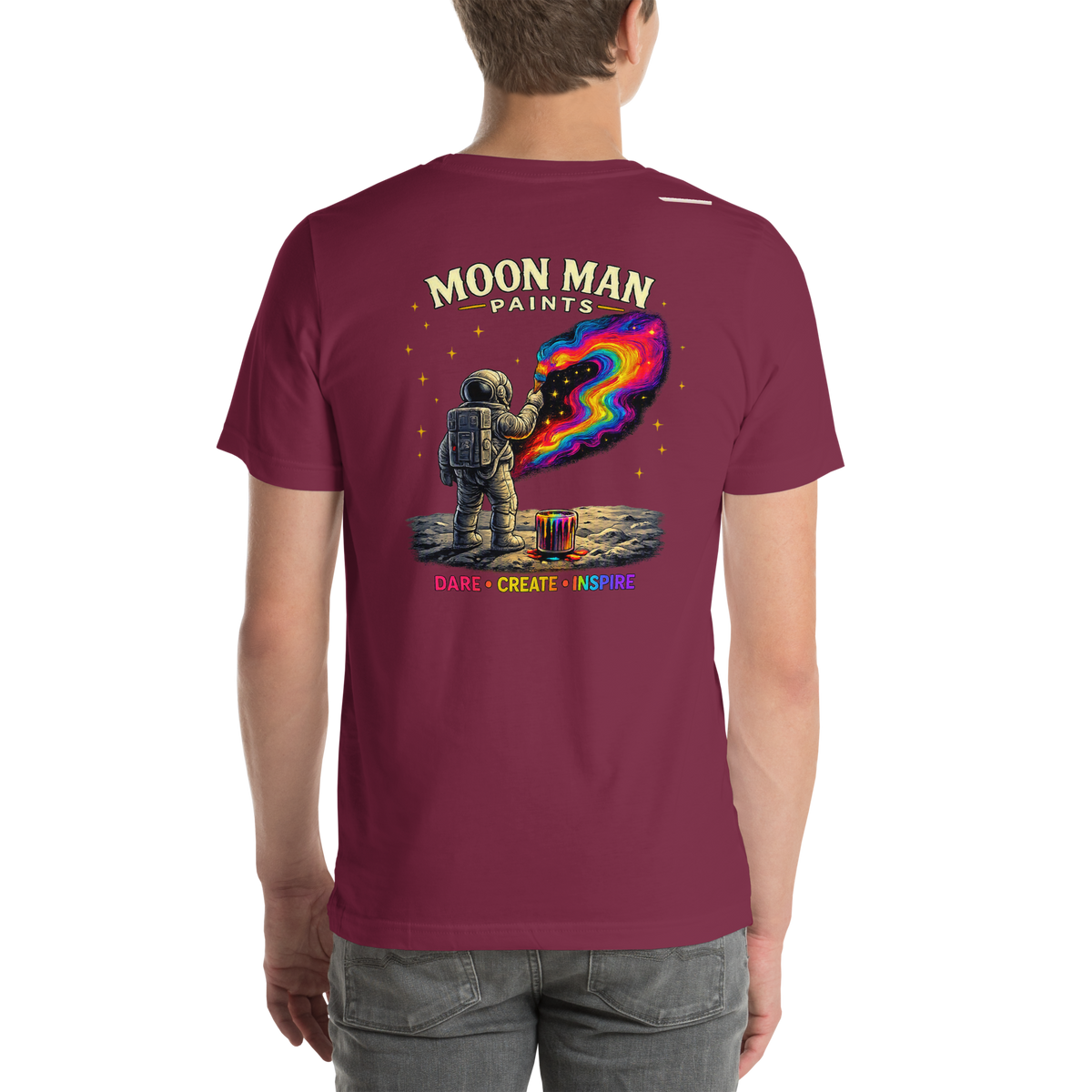 Dare. Create. Inspire. — The Cosmic Painter Tee — Maroon — back view on man model