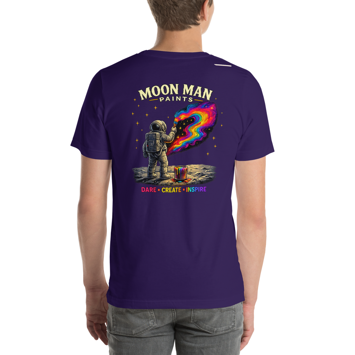 Dare. Create. Inspire. — The Cosmic Painter Tee — Team Purple — back view on man model