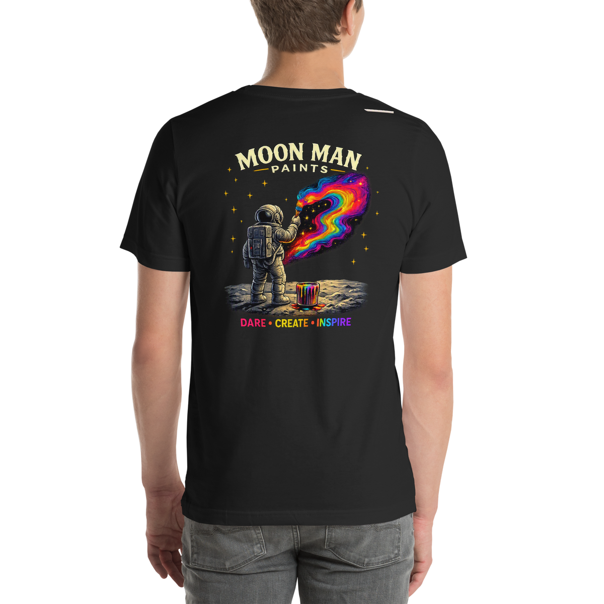Dare. Create. Inspire. — The Cosmic Painter Tee — Vintage Black — back view on man model