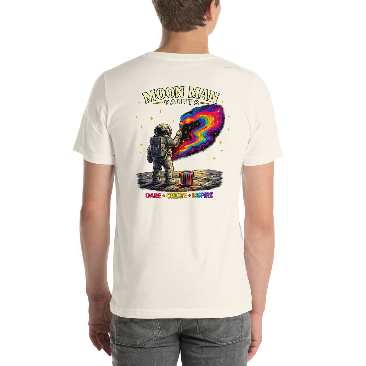 Dare. Create. Inspire. — The Cosmic Painter Tee — Vintage White — back view on man model