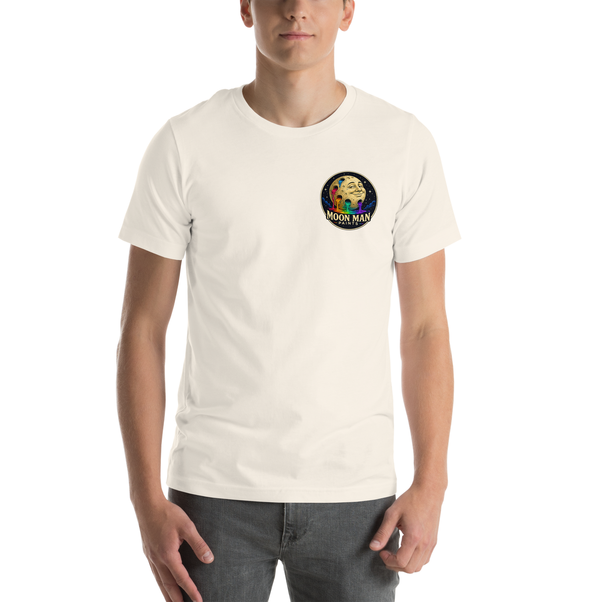Dare. Create. Inspire. — The Cosmic Painter Tee — Vintage White — front view on man model