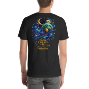 Flow. Create. Be. — Cosmic Flow Artist Series Tee — Black Heather — back view on man model