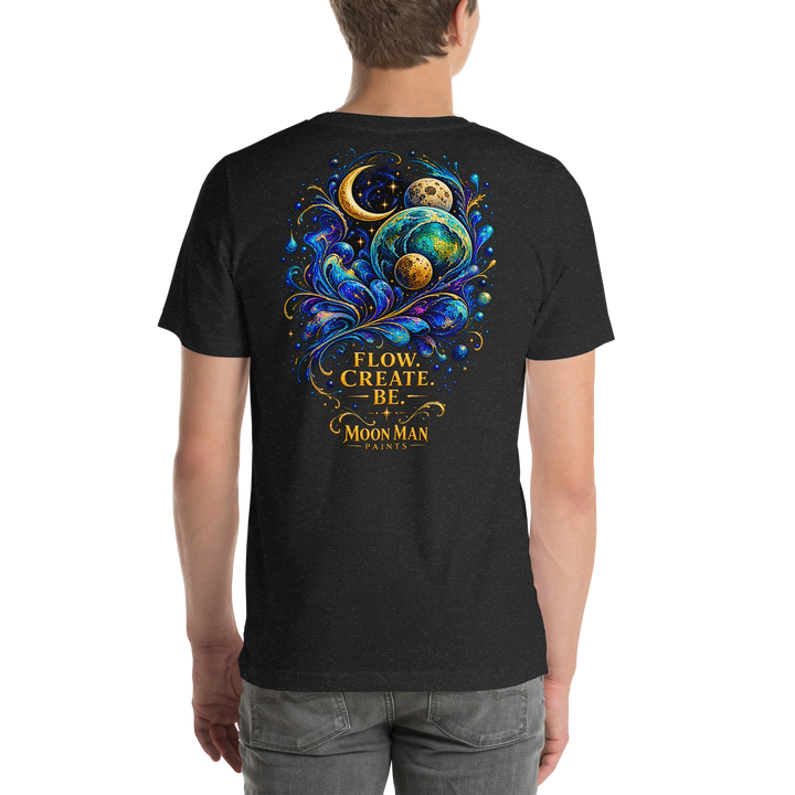 Flow. Create. Be. — Cosmic Flow Artist Series Tee — Black Heather — back view on man model