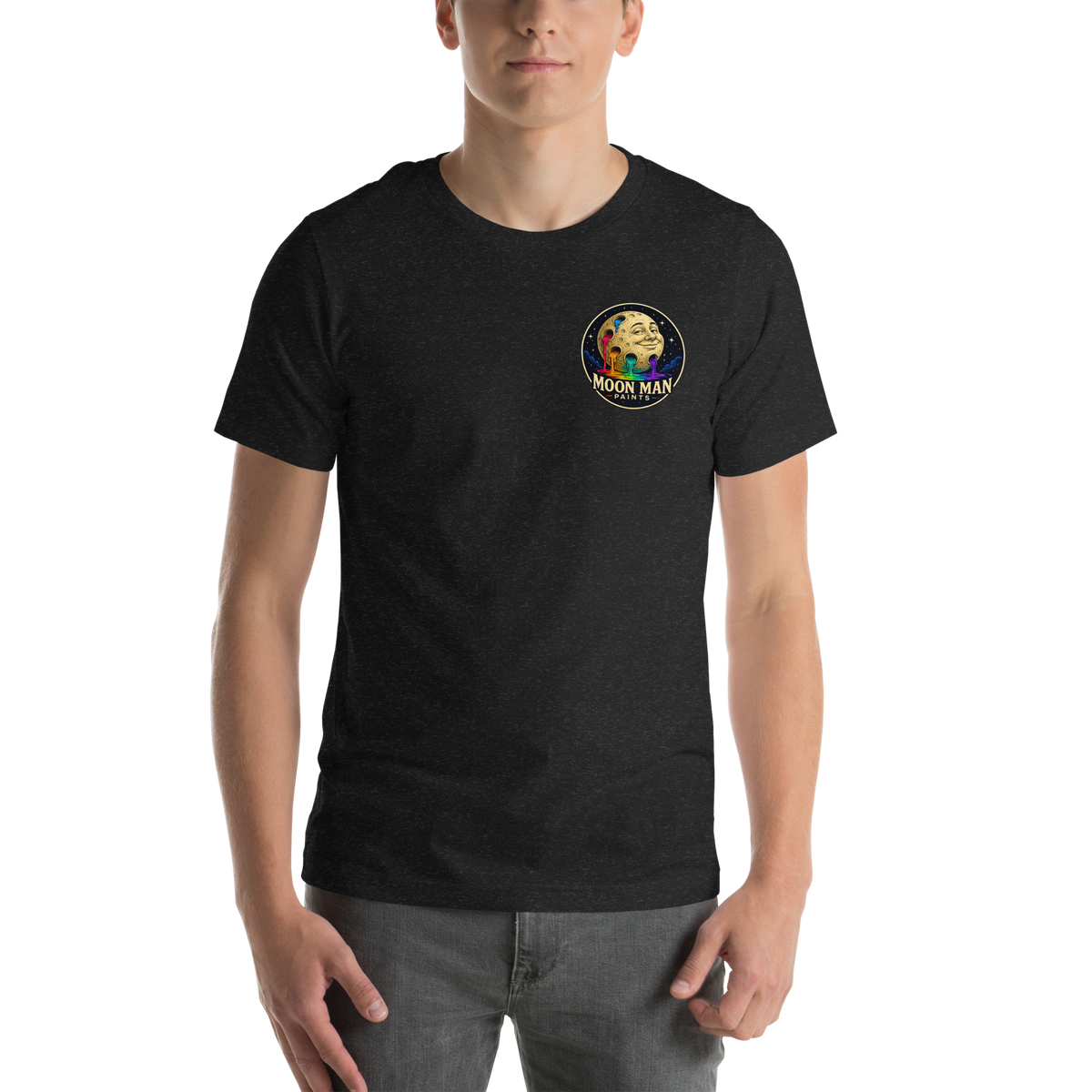 Flow. Create. Be. — Cosmic Flow Artist Series Tee — Black Heather — front view on man model