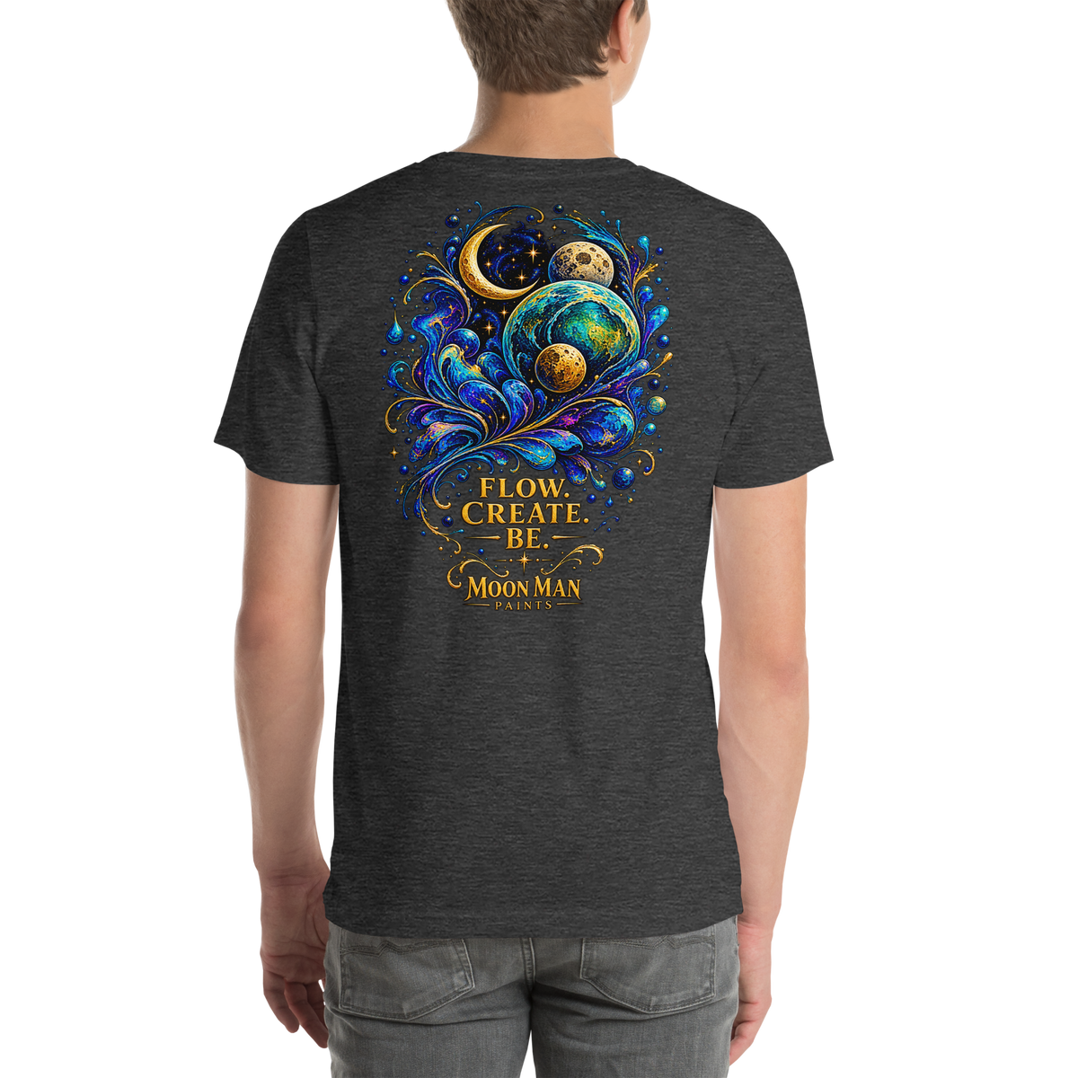 Flow. Create. Be. — Cosmic Flow Artist Series Tee — Dark Grey Heather — back view on man model