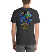 Flow. Create. Be. — Cosmic Flow Artist Series Tee — Dark Grey Heather — back view on man model