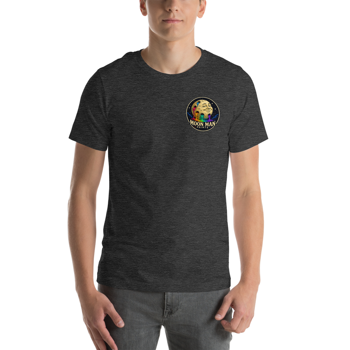 Flow. Create. Be. — Cosmic Flow Artist Series Tee — Dark Grey Heather — front view on man model