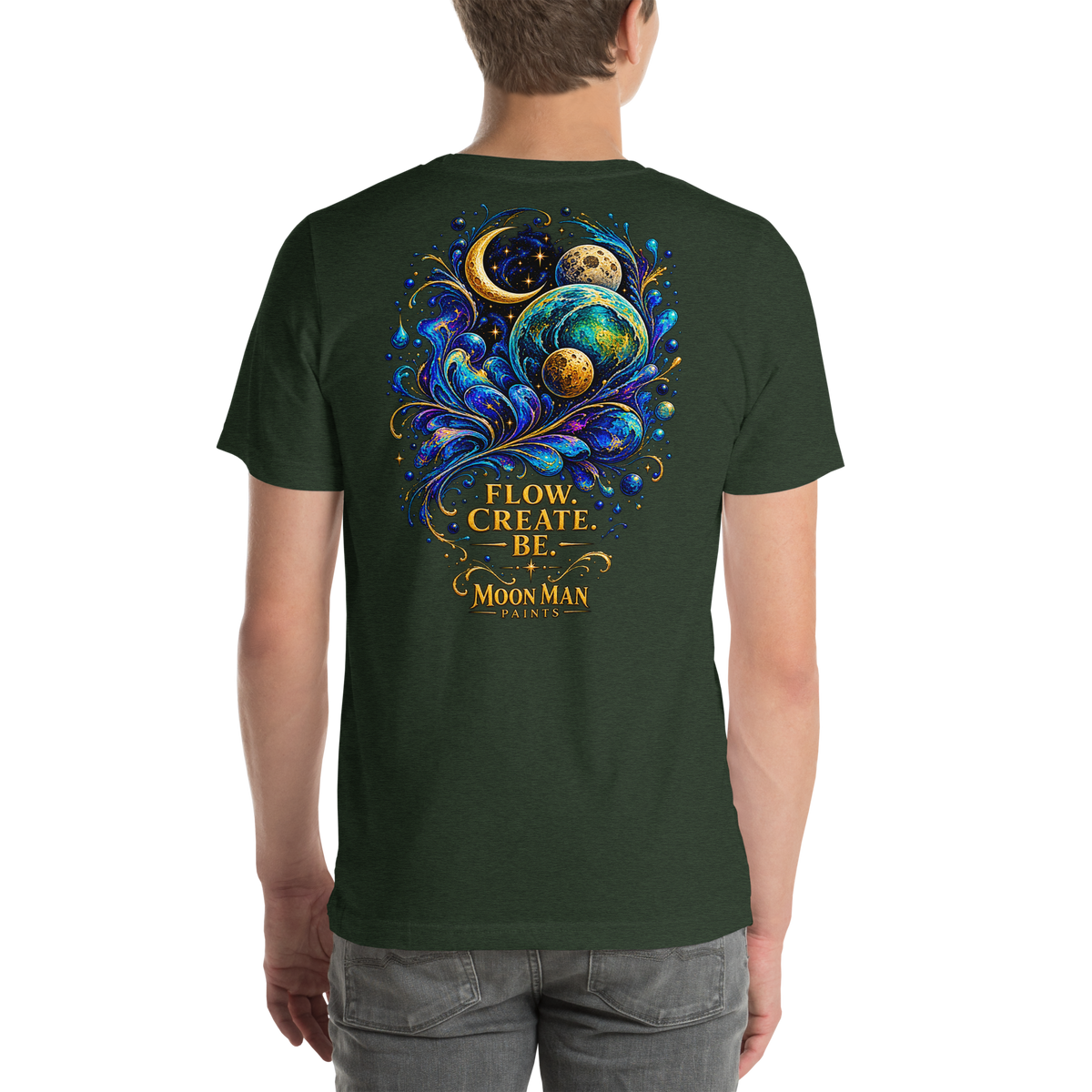 Flow. Create. Be. — Cosmic Flow Artist Series Tee — Heather Emerald — back view on man model