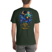 Flow. Create. Be. — Cosmic Flow Artist Series Tee — Heather Emerald — back view on man model