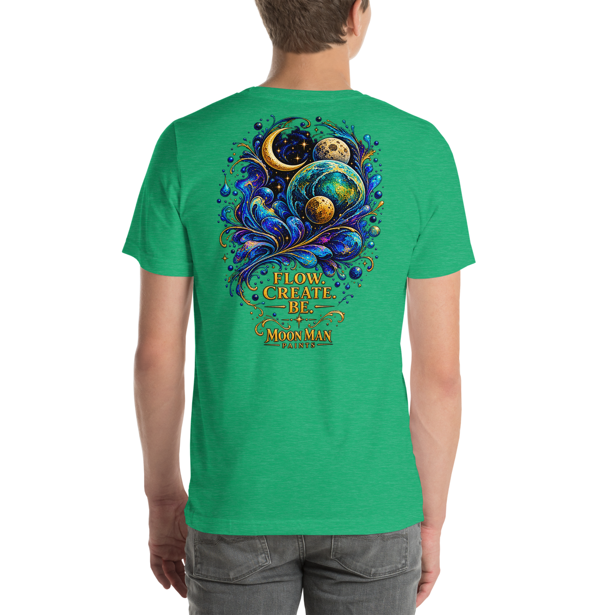 Flow. Create. Be. — Cosmic Flow Artist Series Tee — Heather Kelly — back view on man model