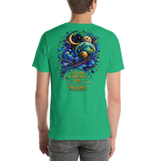 Flow. Create. Be. — Cosmic Flow Artist Series Tee — Heather Kelly — back view on man model