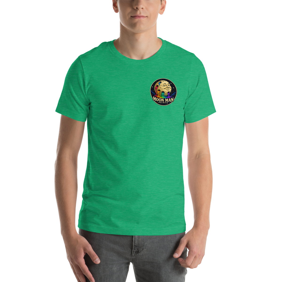 Flow. Create. Be. — Cosmic Flow Artist Series Tee — Heather Kelly — front view on man model
