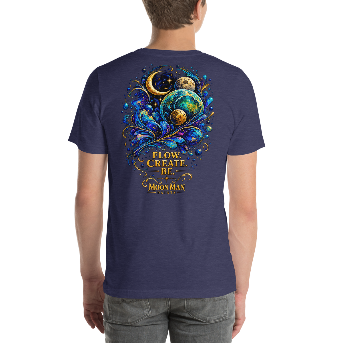 Flow. Create. Be. — Cosmic Flow Artist Series Tee — Heather Midnight Navy — back view on man model